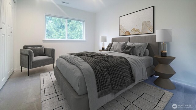 bedroom featuring carpet flooring, baseboards, and visible vents