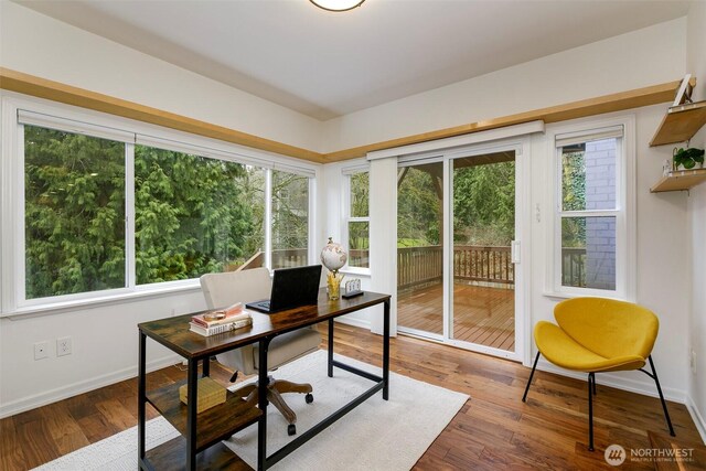 home office with baseboards, a healthy amount of sunlight, and wood finished floors