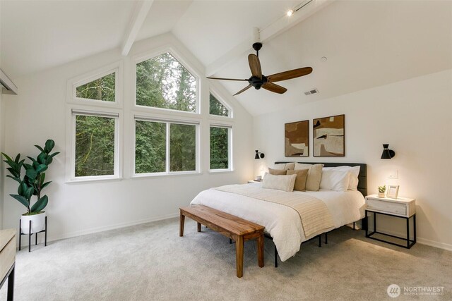 bedroom with visible vents, baseboards, beamed ceiling, light colored carpet, and high vaulted ceiling