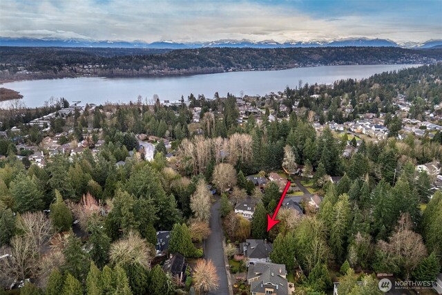 bird's eye view with a forest view and a water and mountain view