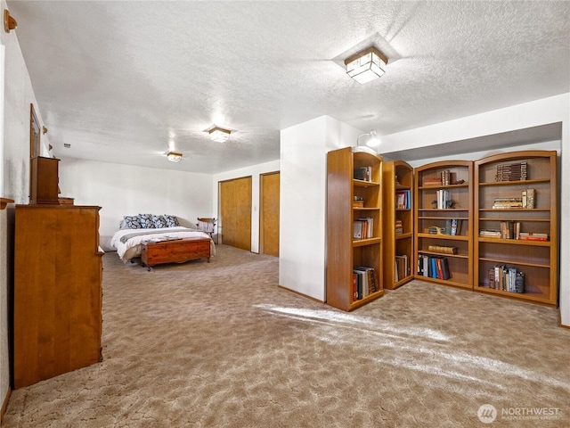 bedroom featuring carpet and a textured ceiling