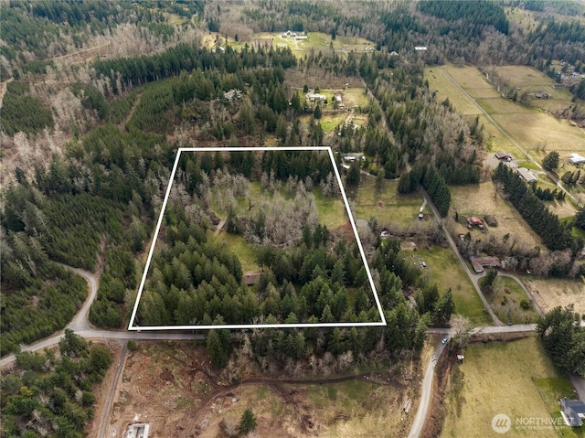 bird's eye view featuring a rural view and a wooded view