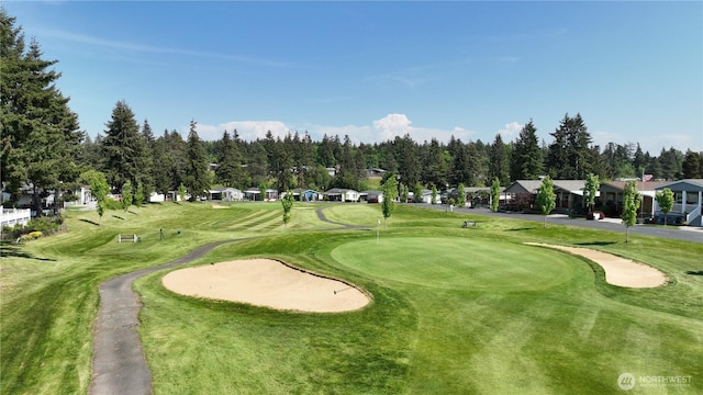 view of community featuring a yard and view of golf course