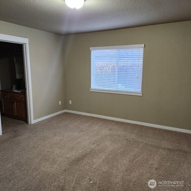 unfurnished room with baseboards, light carpet, and a textured ceiling