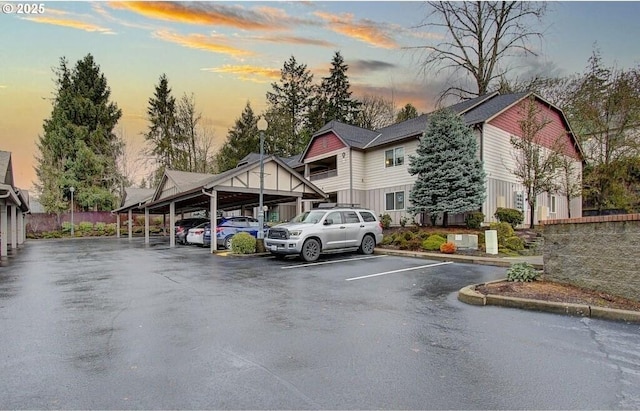 parking at dusk with covered and uncovered parking