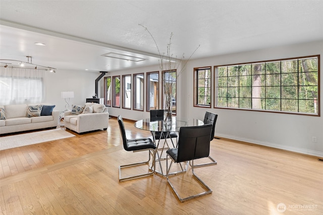 dining room with a wood stove, baseboards, and light wood-type flooring