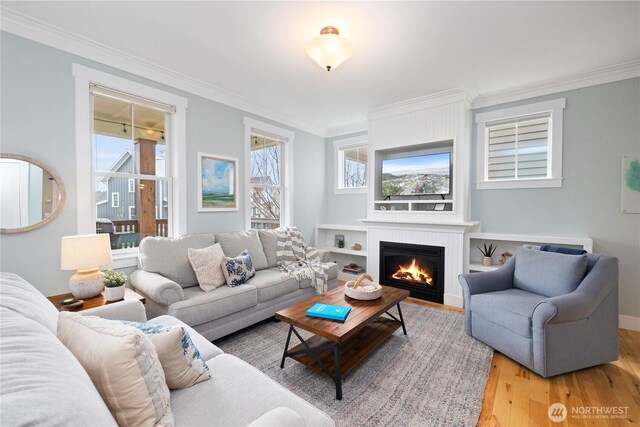 living area featuring a fireplace, crown molding, baseboards, and wood finished floors