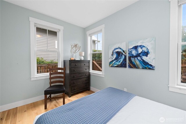 bedroom featuring multiple windows, baseboards, and wood finished floors