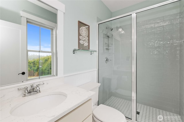 full bathroom featuring vanity, toilet, wainscoting, and a shower stall