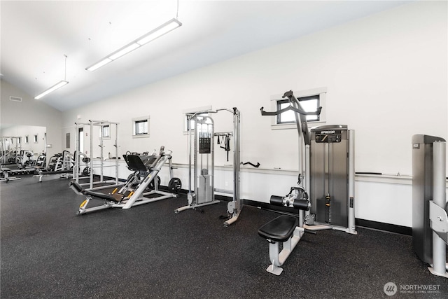 exercise room featuring a wealth of natural light, baseboards, and vaulted ceiling