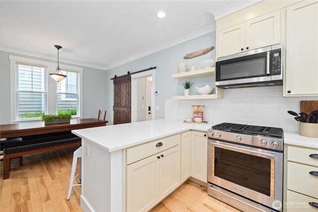 kitchen with open shelves, a peninsula, crown molding, appliances with stainless steel finishes, and a barn door