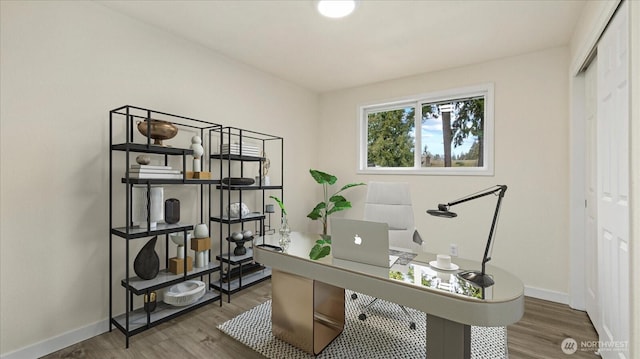 office space with baseboards and wood finished floors