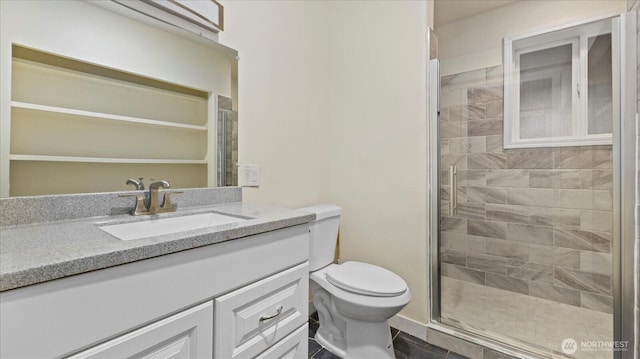 full bath featuring vanity, a shower stall, and toilet