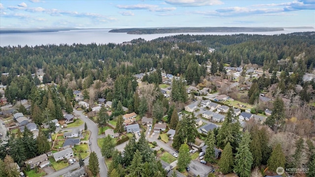 birds eye view of property with a residential view, a view of trees, and a water view