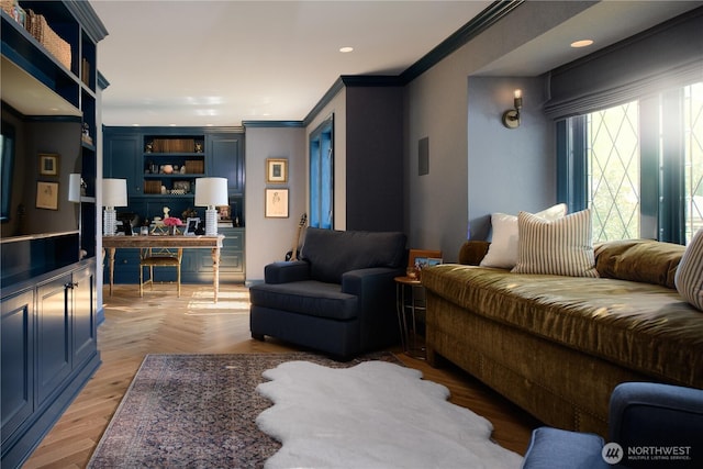 living room with parquet flooring, recessed lighting, and crown molding