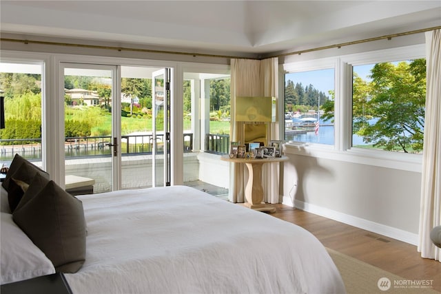 bedroom featuring visible vents, wood finished floors, baseboards, and access to exterior