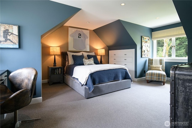 bedroom with recessed lighting, baseboards, and carpet flooring