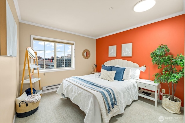 carpeted bedroom with a baseboard radiator and crown molding