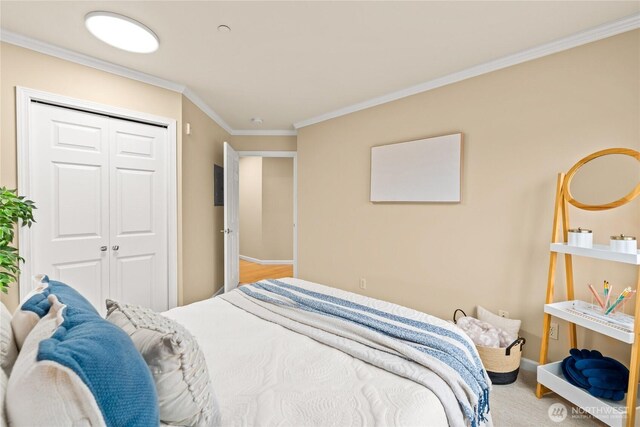 bedroom with a closet, carpet, and ornamental molding