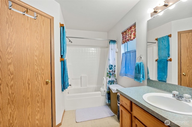 bathroom with shower / bathtub combination with curtain and vanity