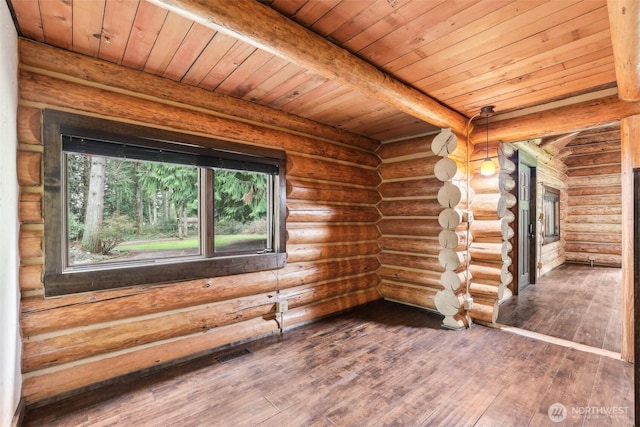 empty room featuring visible vents, beam ceiling, wood-type flooring, log walls, and wood ceiling