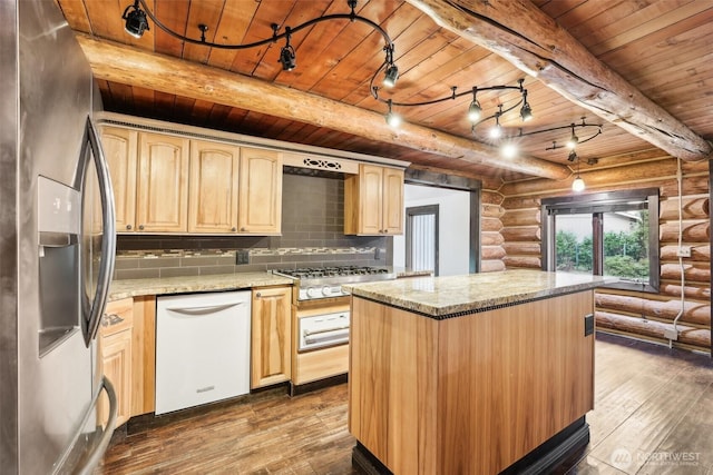 kitchen with backsplash, dark wood-type flooring, beamed ceiling, wood ceiling, and appliances with stainless steel finishes