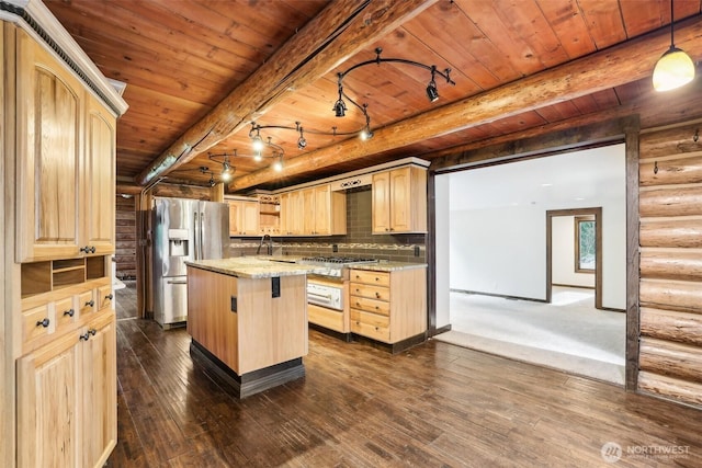 kitchen with light brown cabinets, a center island, stainless steel appliances, wooden ceiling, and rustic walls