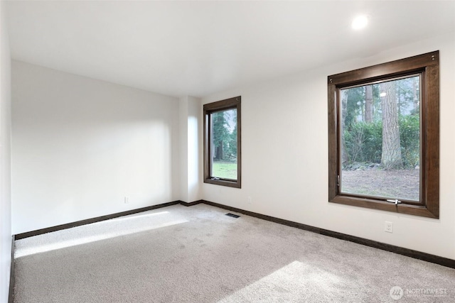 empty room featuring visible vents, baseboards, and carpet