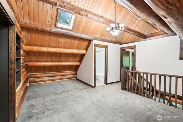 bonus room with baseboards, carpet floors, vaulted ceiling with skylight, wooden ceiling, and an inviting chandelier