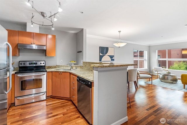 kitchen featuring light wood-style flooring, under cabinet range hood, a sink, stainless steel appliances, and a peninsula