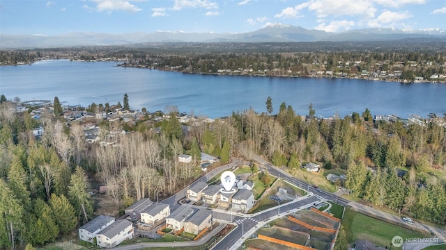 drone / aerial view featuring a view of trees and a water and mountain view