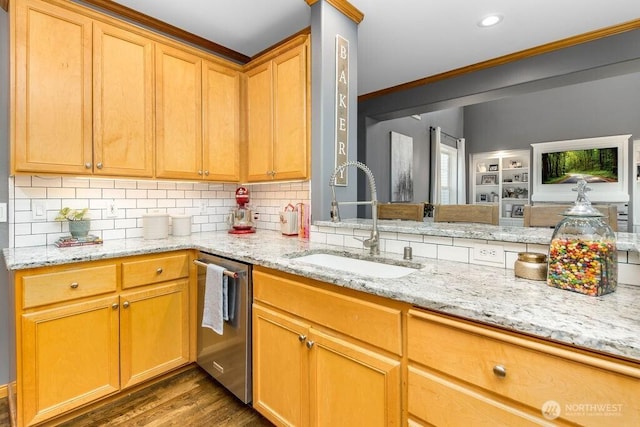 kitchen with light stone counters, dark wood-style flooring, a sink, stainless steel dishwasher, and backsplash