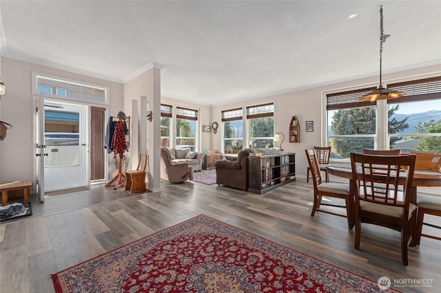 interior space with baseboards, wood finished floors, and ornamental molding