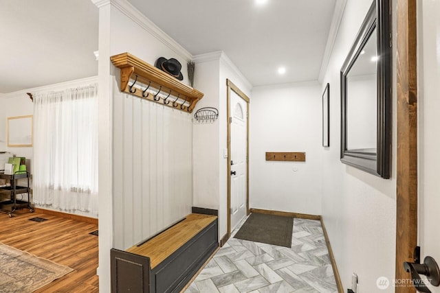 mudroom with baseboards, visible vents, recessed lighting, parquet flooring, and crown molding