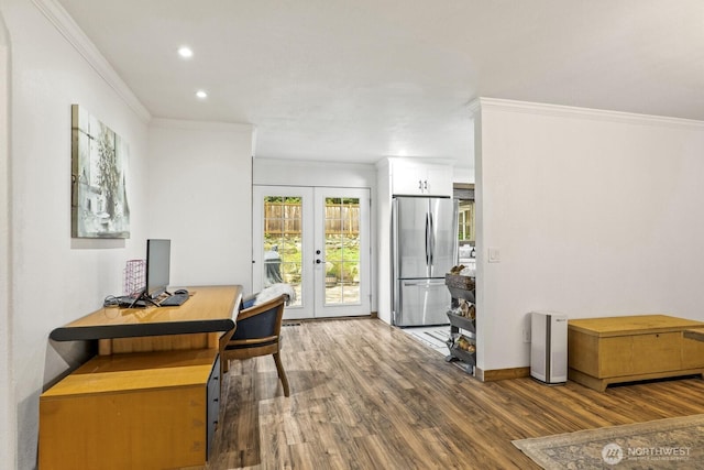 office area with baseboards, ornamental molding, recessed lighting, french doors, and wood finished floors