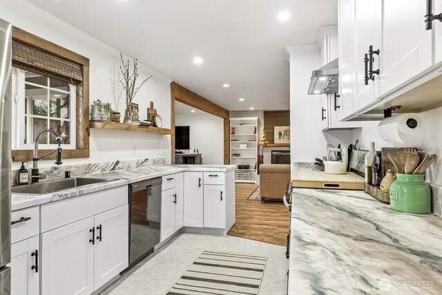 kitchen with a sink, black dishwasher, recessed lighting, ventilation hood, and white cabinets