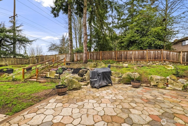 view of patio / terrace with a fenced backyard and a garden