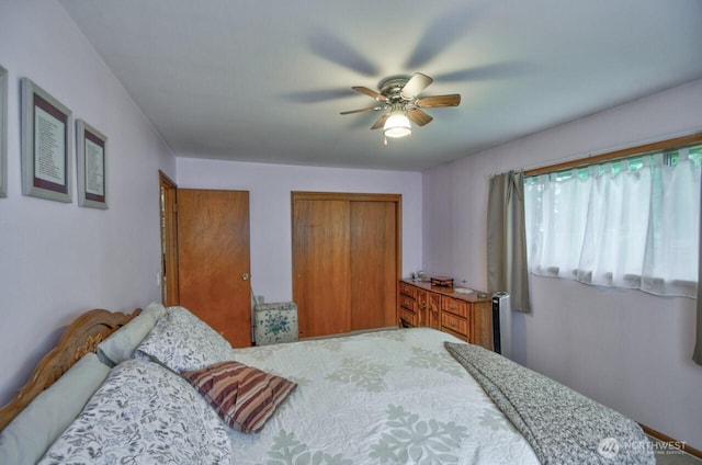 bedroom featuring a ceiling fan and multiple closets