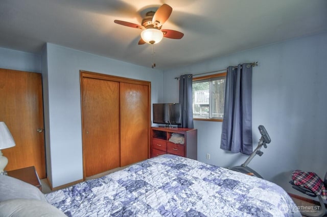 bedroom featuring a closet and ceiling fan