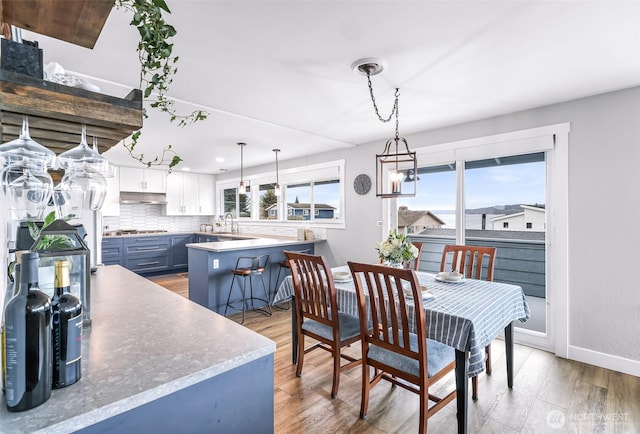 dining area featuring light wood finished floors, a healthy amount of sunlight, and baseboards