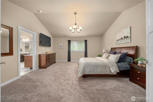 bedroom featuring baseboards, carpet floors, an inviting chandelier, and vaulted ceiling