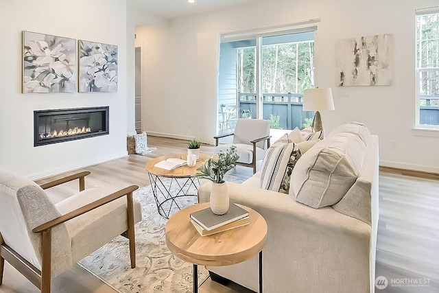 living area featuring a glass covered fireplace, wood finished floors, and a healthy amount of sunlight