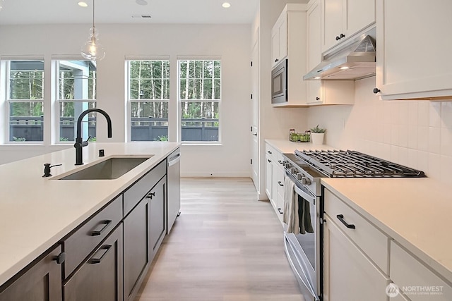 kitchen with stainless steel appliances, under cabinet range hood, light countertops, and a sink