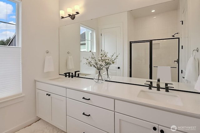 full bathroom featuring a shower stall, a healthy amount of sunlight, and a sink