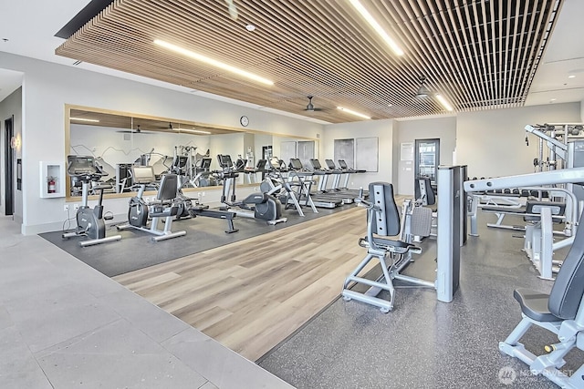 exercise room with wood ceiling