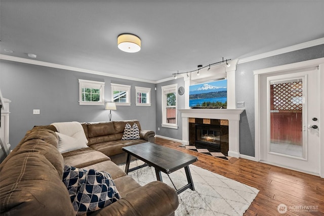 living room featuring baseboards, wood finished floors, a tiled fireplace, and crown molding