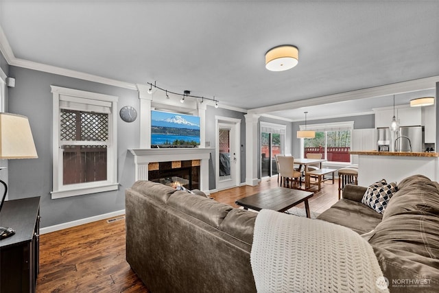 living area featuring wood finished floors, baseboards, ornate columns, a fireplace, and crown molding