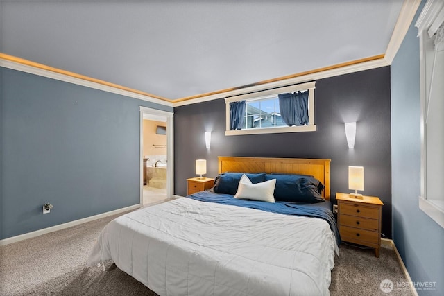 bedroom with baseboards, carpet, ensuite bath, and crown molding