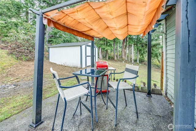 view of patio / terrace with an outdoor structure and a storage unit