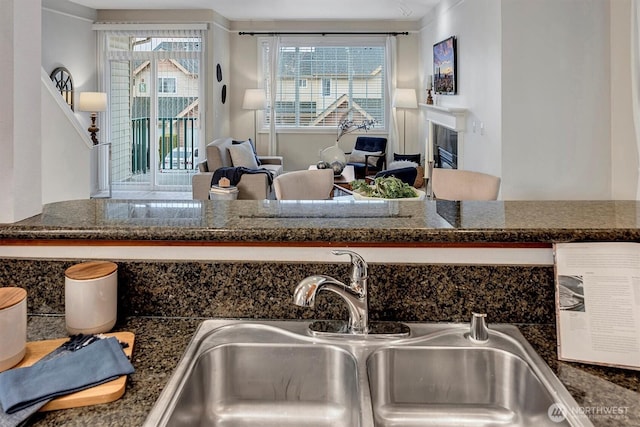 room details with a fireplace, dark stone counters, and a sink